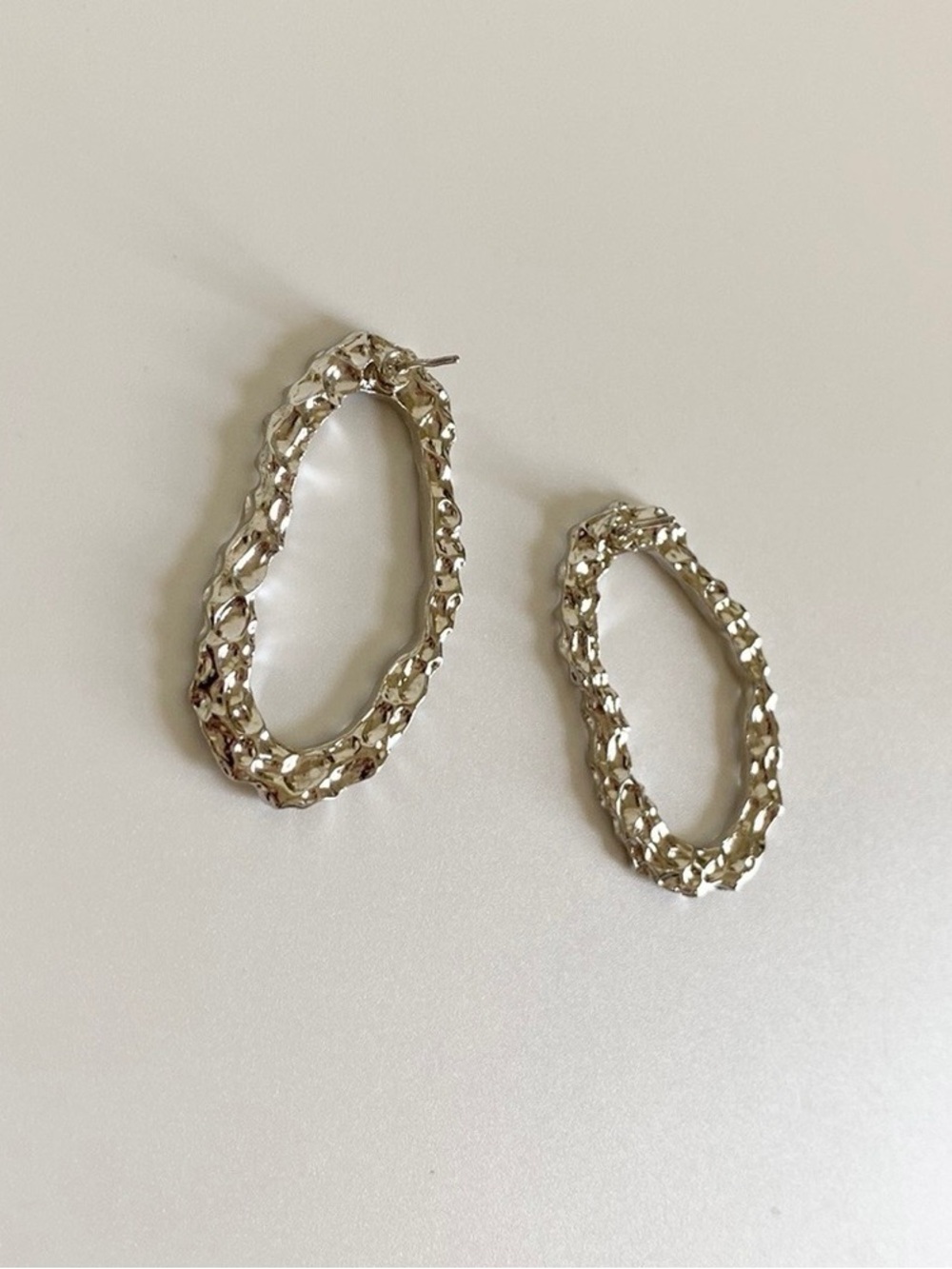 Silver Textured Oval Hoop Earrings - Women Jewelry